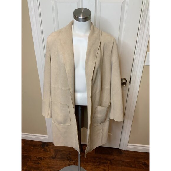 T Tahari Long Tan Faux Leather Open Front Coat W/ Pockets, Size M - Picture 1 of 5